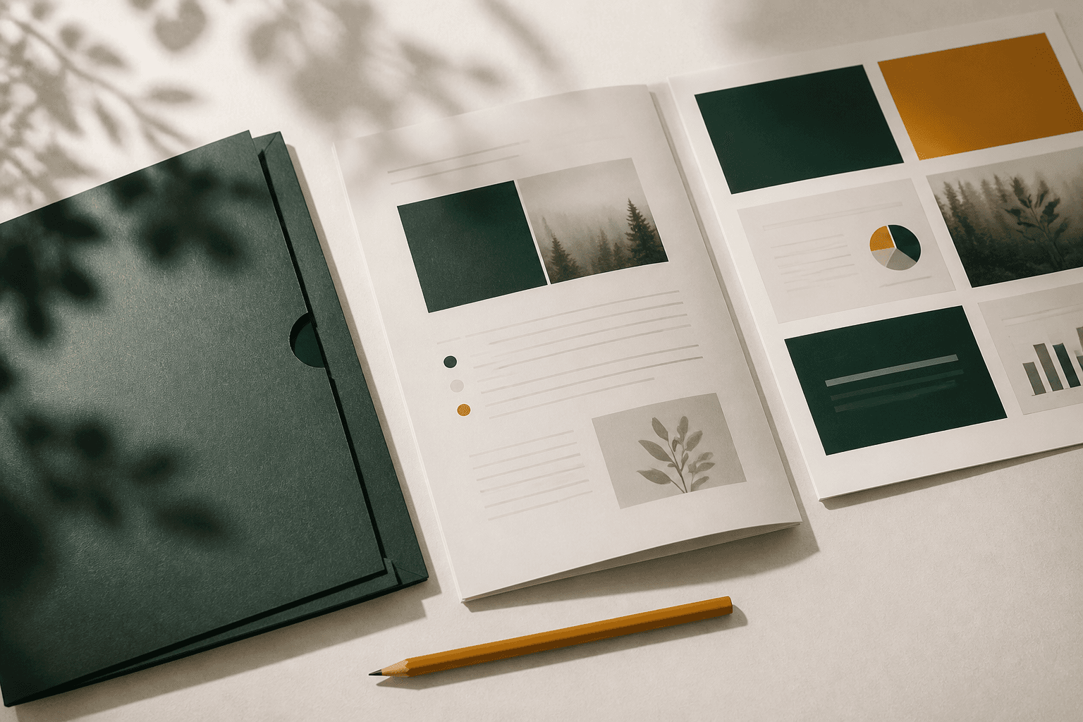 Printed guides and presentation pages arranged beside a green folder